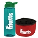 a transparent teal bottle & green lid & red bowl the parched pup - 26 oz transparent tritan(tm) bottle folding dog bowl