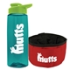 a transparent teal bottle & lime green lid & red bowl the parched pup - 26 oz transparent tritan(tm) bottle folding dog bowl