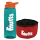 a transparent teal bottle & orange lid & red bowl the parched pup - 26 oz transparent tritan(tm) bottle folding dog bowl