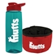 a transparent teal bottle & red lid & red bowl the parched pup - 26 oz transparent tritan(tm) bottle folding dog bowl