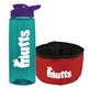a transparent teal bottle & violet lid & red bowl the parched pup - 26 oz transparent tritan(tm) bottle folding dog bowl