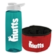 a transparent teal bottle & white lid & red bowl the parched pup - 26 oz transparent tritan(tm) bottle folding dog bowl