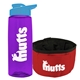 a transparent violet bottle & cyan lid & red bowl the parched pup - 26 oz transparent tritan(tm) bottle folding dog bowl