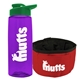 a transparent violet bottle & green lid & red bowl the parched pup - 26 oz transparent tritan(tm) bottle folding dog bowl