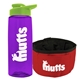 a transparent violet bottle & lime green lid & red bowl the parched pup - 26 oz transparent tritan(tm) bottle folding dog bowl