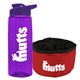 a transparent violet bottle & violet lid & red bowl the parched pup - 26 oz transparent tritan(tm) bottle folding dog bowl