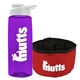 a transparent violet bottle & white lid & red bowl the parched pup - 26 oz transparent tritan(tm) bottle folding dog bowl
