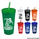 aerial view a group of promotional personalized 24 oz stadium plastic tumbler cup with straw and lid, image 1 of 2