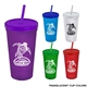 aerial view a group of promotional personalized 24 oz stadium plastic tumbler cup with straw and lid, image 2 of 2
