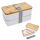 aerial view a white with gray strap stackable bento lunch set, image 1 of 5