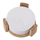 aerial view a white round ceramic coaster 4 pc set with wood stand, image 1 of 3