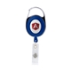 aerial view a royal blue oval metal retractable badge reel with carabiner, image 1 of 3