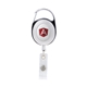 aerial view a white oval metal retractable badge reel with carabiner, image 1 of 3