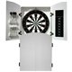 aerial view a white wooden dart board set with cabinet and darts, image 1 of 3
