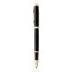 aerial view a black lacquer gt parker im capped rollerball pen, deep black lacquer w / gold trim, fine point, black ink, image 1 of 5