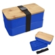 aerial view a blue with black strap stackable bento lunch set, image 1 of 2
