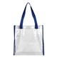 aerial view a clear with blue trim and handles matterhorn clear vinyl stadium compliant tote bag, image 1 of 3