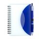 aerial view a blue cupertino stylish spiral notepad notebook with matching color pen, image 1 of 3