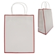 aerial view a white with red trim laminated paper gift bag, image 1 of 2