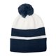 aerial view a navy with white campus style pom beanie, image 1 of 2