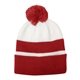 aerial view a red with white campus style pom beanie, image 1 of 2