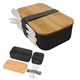 aerial view a black with gray strap bountiful bento box with bamboo lid, image 1 of 3