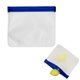 aerial view a clear with blue reusable zip top storage bag, image 1 of 2