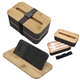aerial view a black with black strap stackable bento box with phone stand and bamboo lid, image 1 of 2
