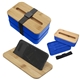 aerial view a blue with black strap stackable bento box with phone stand and bamboo lid, image 1 of 2