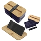 aerial view a navy with black strap stackable bento box with phone stand and bamboo lid, image 1 of 2