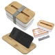 aerial view a white with gray strap stackable bento box with phone stand and bamboo lid, image 1 of 2