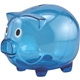 aerial view a translucent blue (close to pms 287) sturdy construction piglet coin bank, image 1 of 2