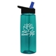 aerial view a transparent teal bottle & black with blue spout lid 26 oz flair tritan water bottle with flip straw lid, image 1 of 3