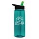 aerial view a transparent teal bottle & black with green spout lid 26 oz flair tritan water bottle with flip straw lid, image 1 of 3