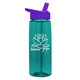 aerial view a transparent teal bottle & violet lid 26 oz flair tritan water bottle with flip straw lid, image 1 of 3