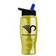 a transparent yellow bottle & black-with-blue-spout lid poly - pure - 27 oz transparent bottle with flip straw lid