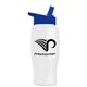 a white bottle & royal blue lid poly - pure - 27 oz transparent bottle with flip straw lid