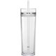 aerial view a clear 16 oz tube tumbler with straw, image 1 of 2