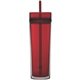 aerial view a red (close to pms 199) 16 oz tube tumbler with straw, image 1 of 2