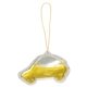 aerial view a yellow (citrus) hanging auto freshener with rear view mirror clip, image 1 of 2