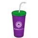 a translucent green lid & translucent violet cup 24 oz stadium tumbler cup with flex straw and lid