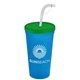 a translucent green lid & translucent blue cup 24 oz stadium tumbler cup with flex straw and lid