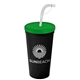 a translucent green lid & black cup 24 oz stadium tumbler cup with flex straw and lid