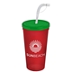 a translucent green lid & translucent red cup 24 oz stadium tumbler cup with flex straw and lid