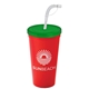 a translucent green lid & red cup 24 oz stadium tumbler cup with flex straw and lid