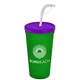 a translucent violet lid & translucent green cup 24 oz stadium tumbler cup with flex straw and lid
