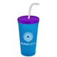 a translucent violet lid & translucent blue cup 24 oz stadium tumbler cup with flex straw and lid