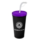 a translucent violet lid & black cup 24 oz stadium tumbler cup with flex straw and lid