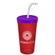 a translucent violet lid & translucent red cup 24 oz stadium tumbler cup with flex straw and lid