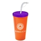 a translucent violet lid & orange cup 24 oz stadium tumbler cup with flex straw and lid